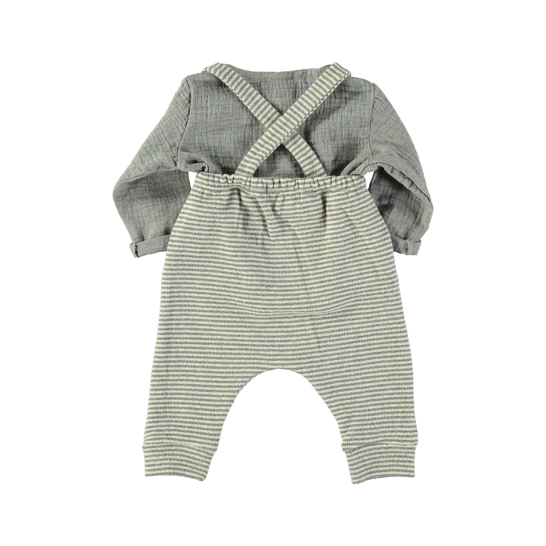 set outfit muslin henley blouse and striped knit suspender pants - grey