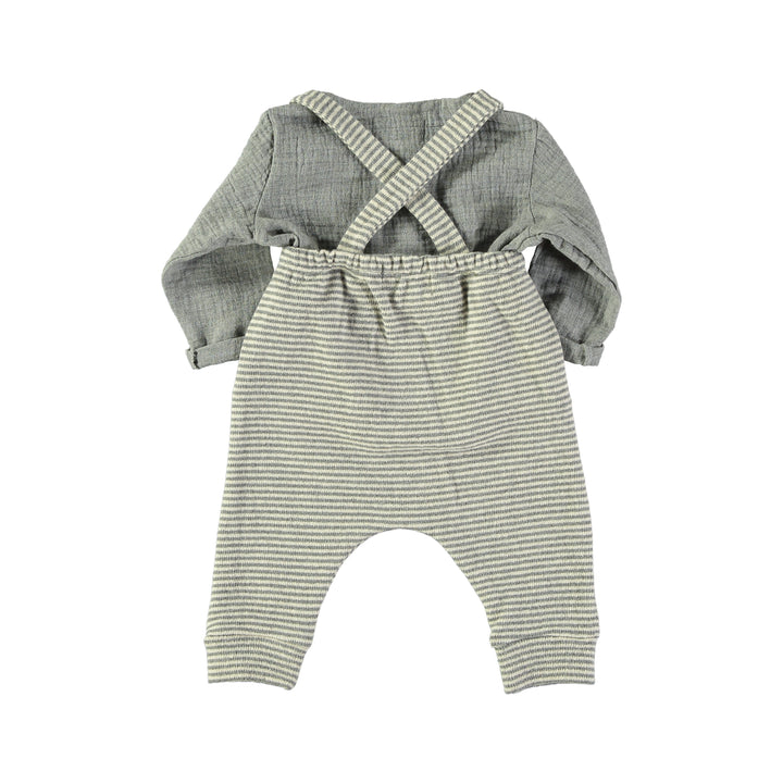 set outfit muslin henley blouse and striped knit suspender pants - grey