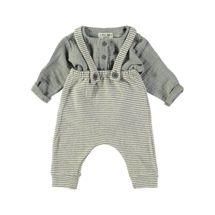 set outfit muslin henley blouse and striped knit suspender pants - grey