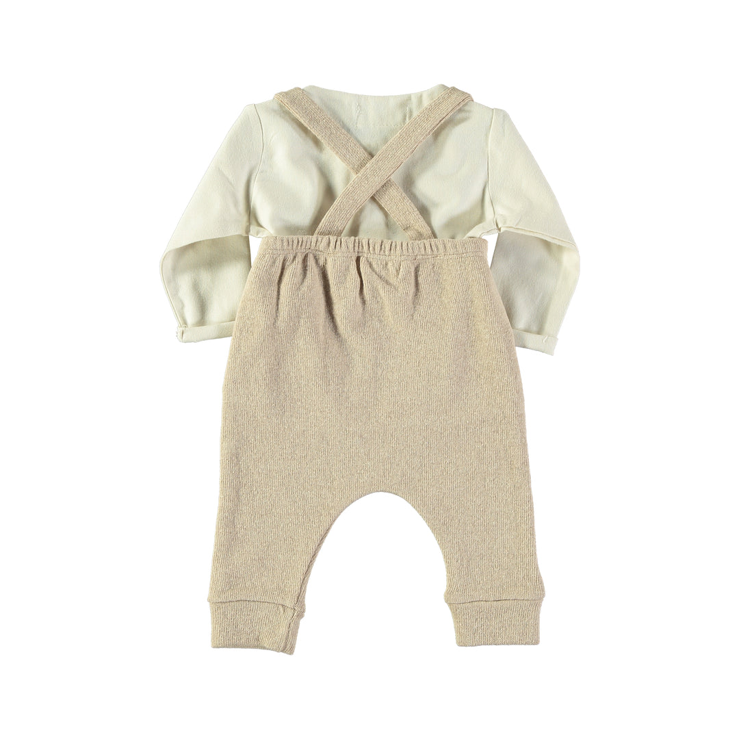 set outfit linen henley blouse and knit suspender pants - ivory/tan