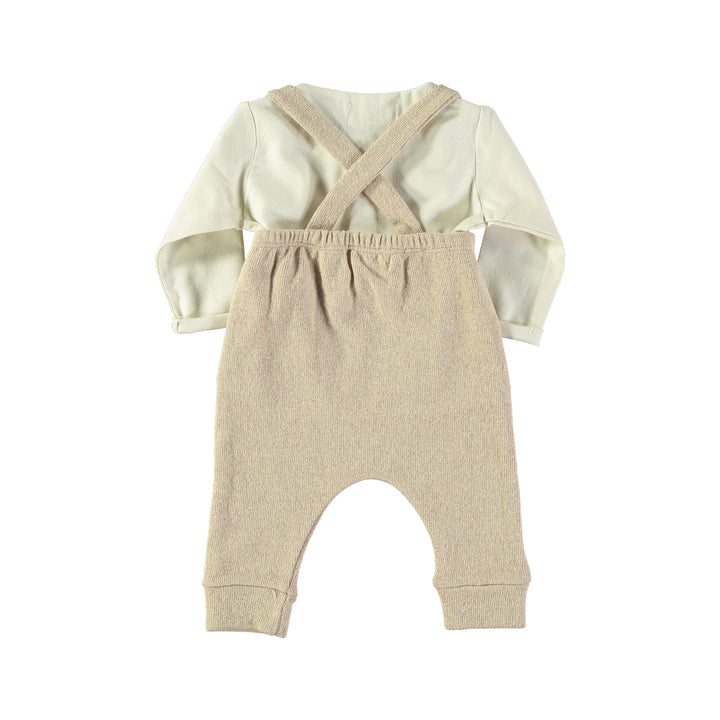 set outfit linen henley blouse and knit suspender pants - ivory/tan