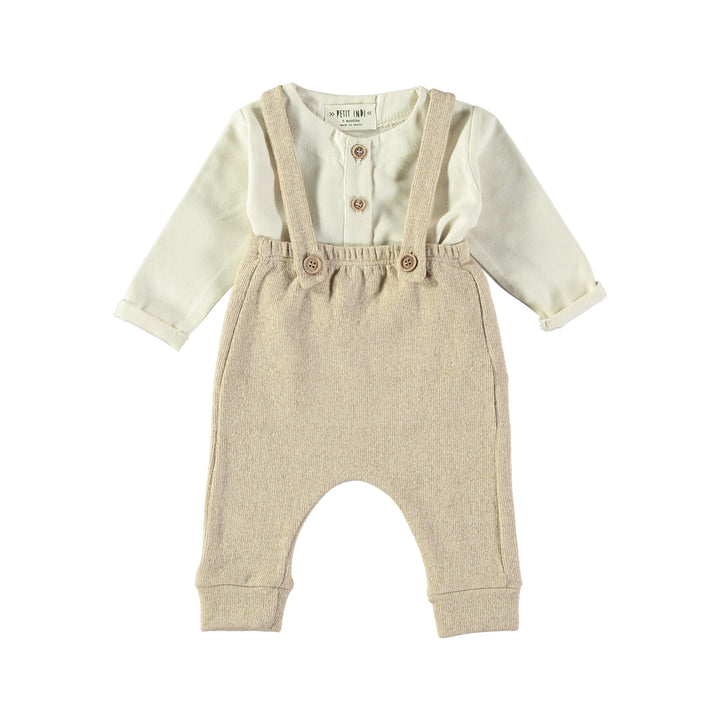 set outfit linen henley blouse and knit suspender pants - ivory/tan