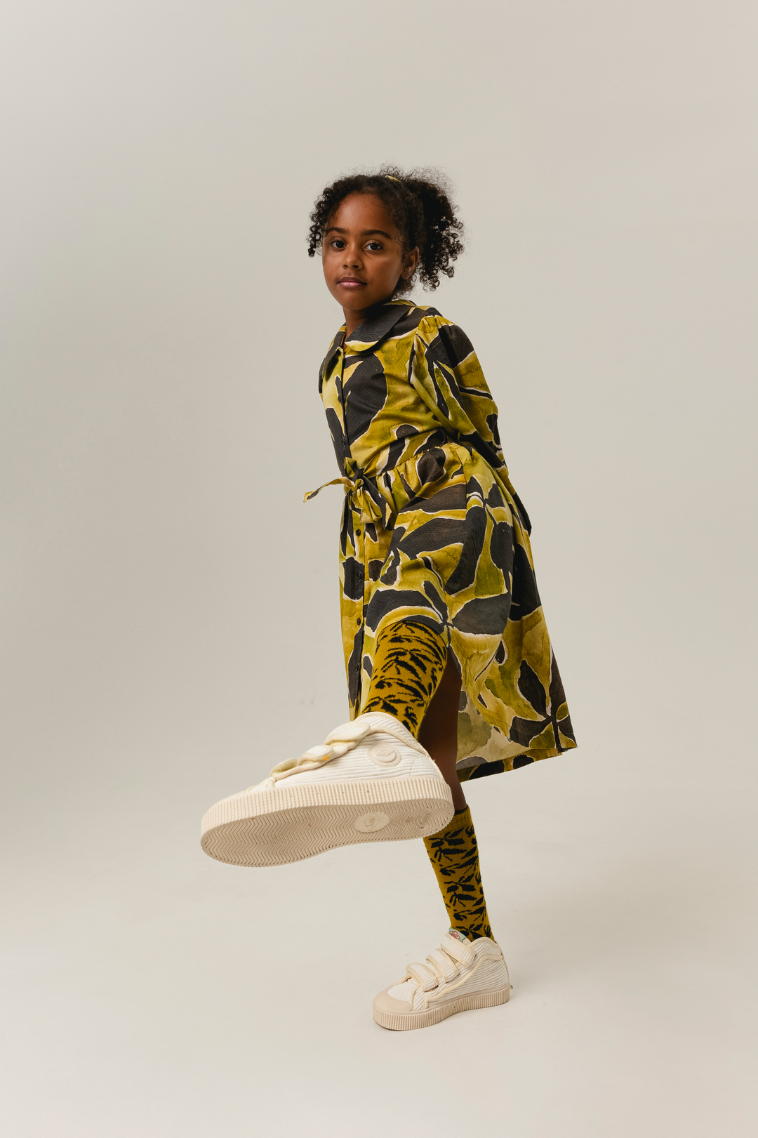 dress printed leaf shirt style with waist belt and collar - tulpan