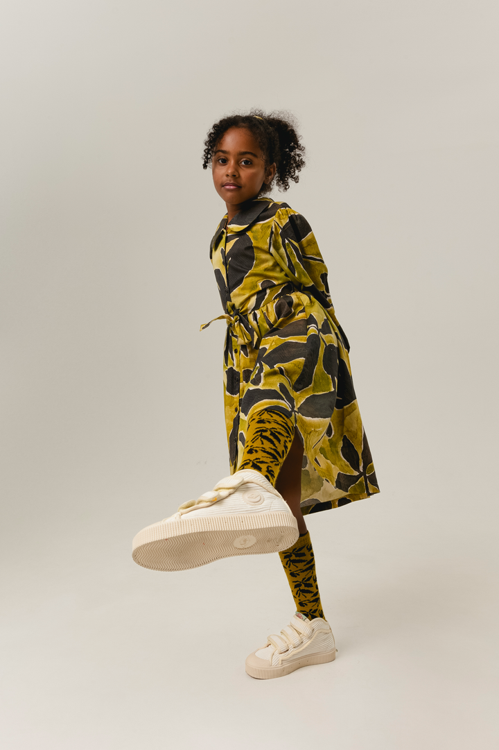 dress printed leaf shirt style with waist belt and collar - tulpan