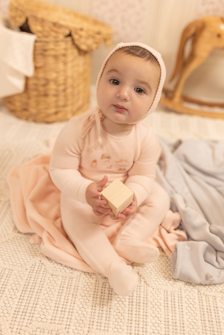 footie baby velour with beanie - sand pink