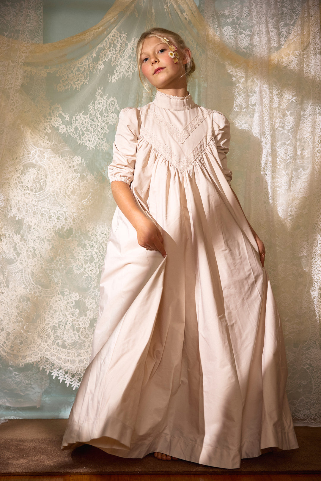 gown maxi taffeta lace detail - pink
