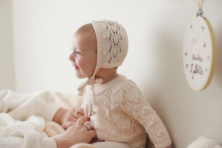 top l/s popcorn weave cardigan with bonnet - petal