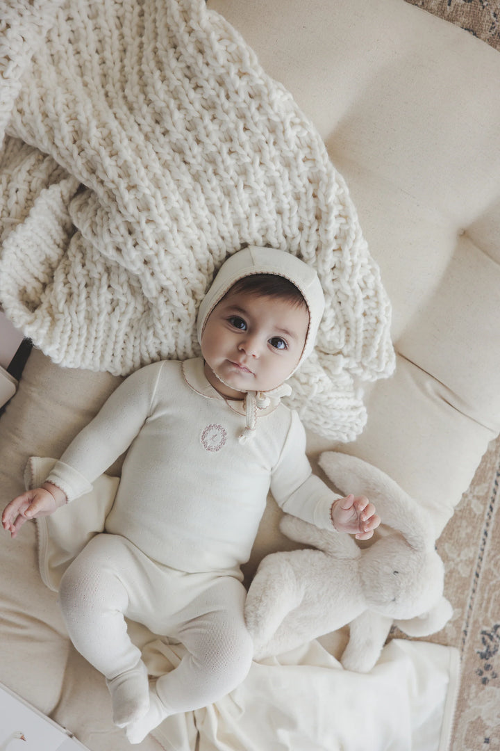 footie embroidered emblem with bonnet - cream/pink