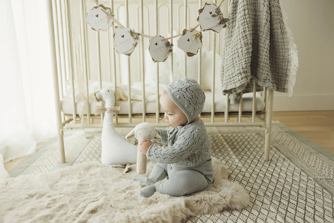 top l/s popcorn weave cardigan with bonnet - light blue