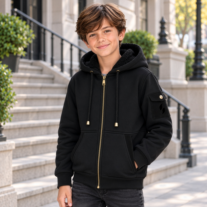 jacket corduroy detail fur lined zip up hoodie - black/black