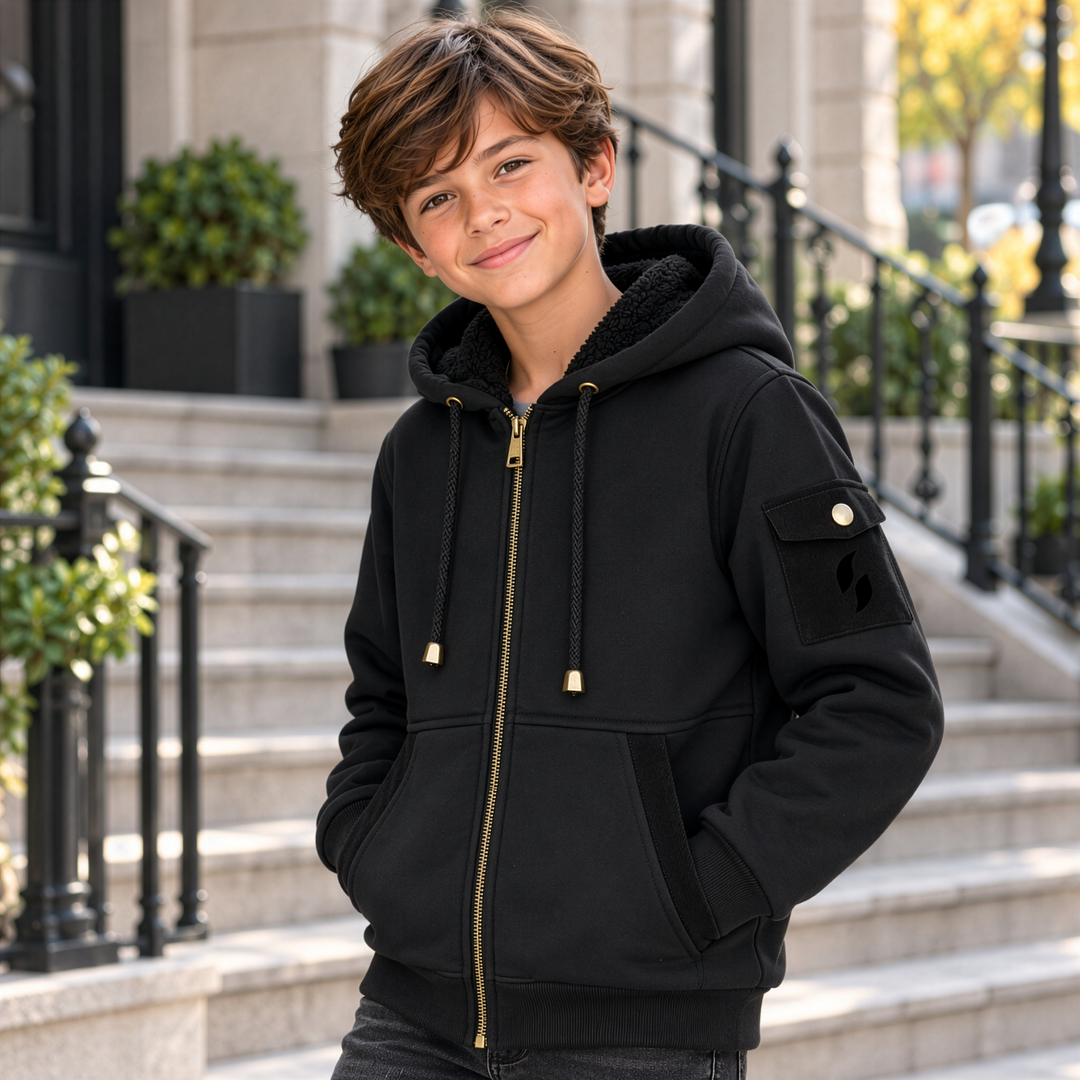 jacket corduroy detail fur lined zip up hoodie - black/black