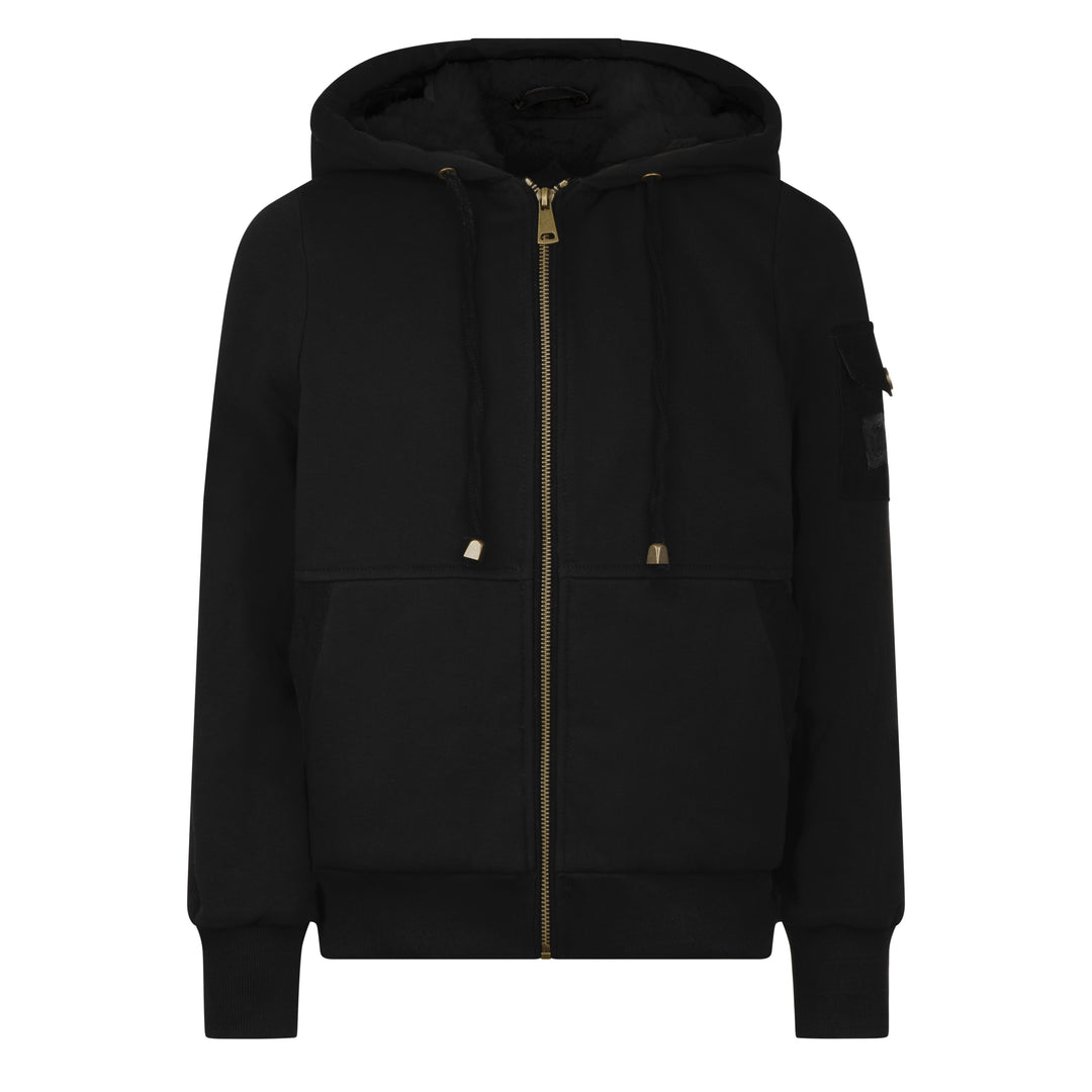 jacket corduroy detail fur lined zip up hoodie - black/black