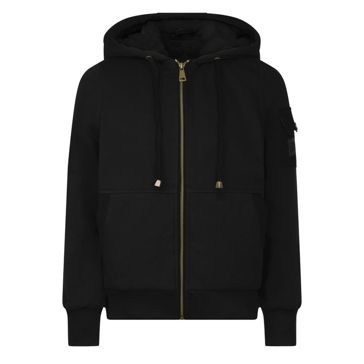 jacket corduroy detail fur lined zip up hoodie - black/black