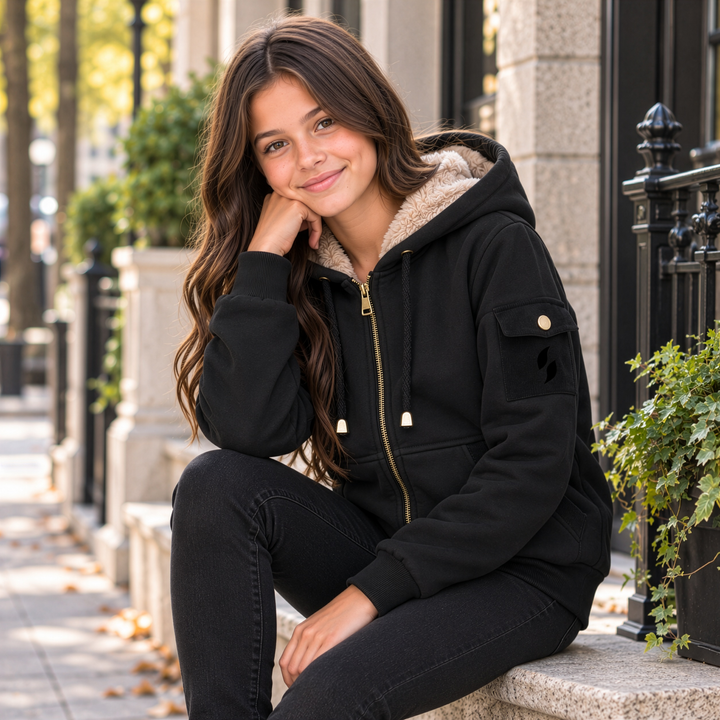 jacket corduroy detail fur lined zip up hoodie - black/camel