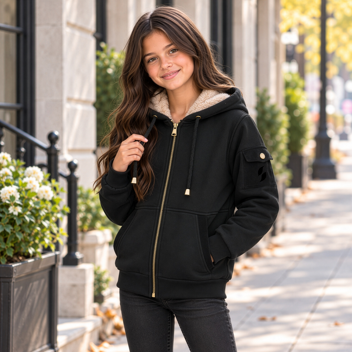 jacket corduroy detail fur lined zip up hoodie - black/camel