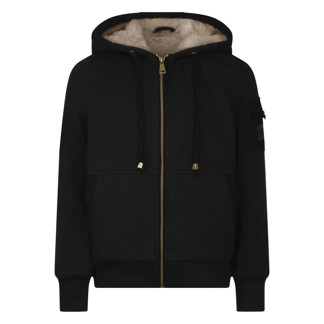 jacket corduroy detail fur lined zip up hoodie - black/camel