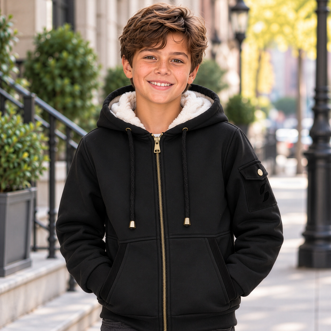 jacket corduroy detail fur lined zip up hoodie - black/white