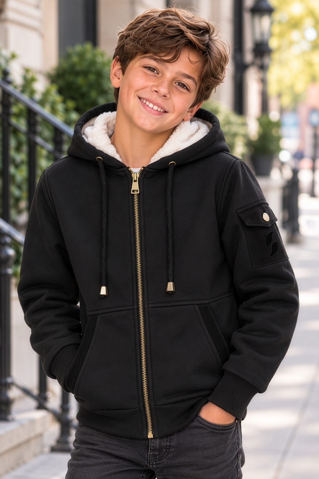 jacket corduroy detail fur lined zip up hoodie - black/white
