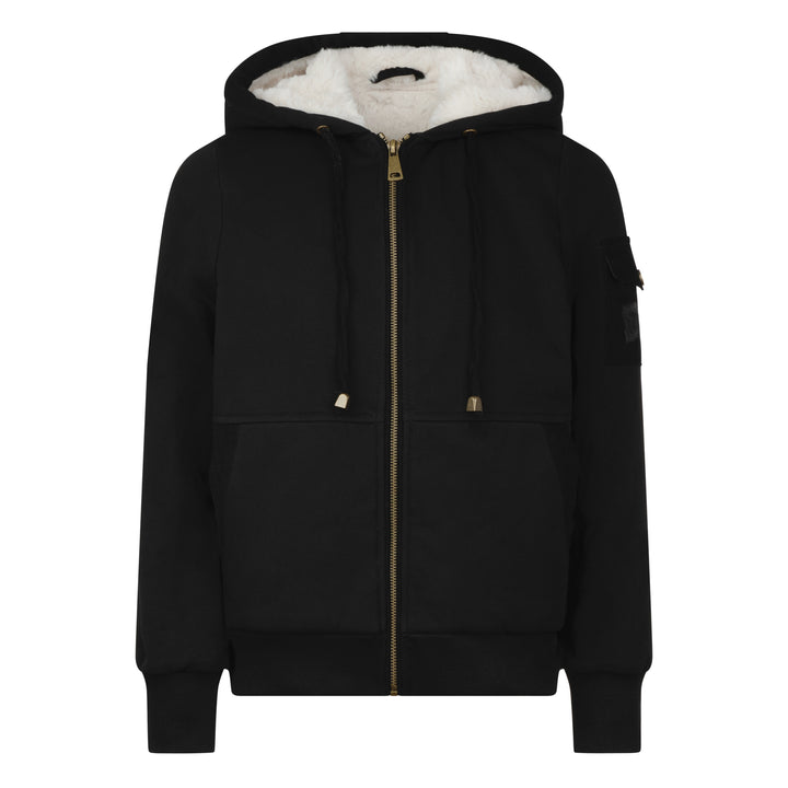 jacket corduroy detail fur lined zip up hoodie - black/white