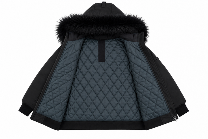 coat matte canvas zipper detail with fur hood - black