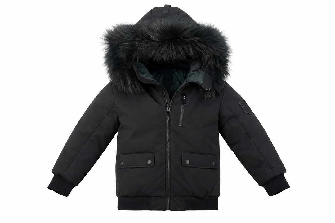 coat matte canvas zipper detail with fur hood - black