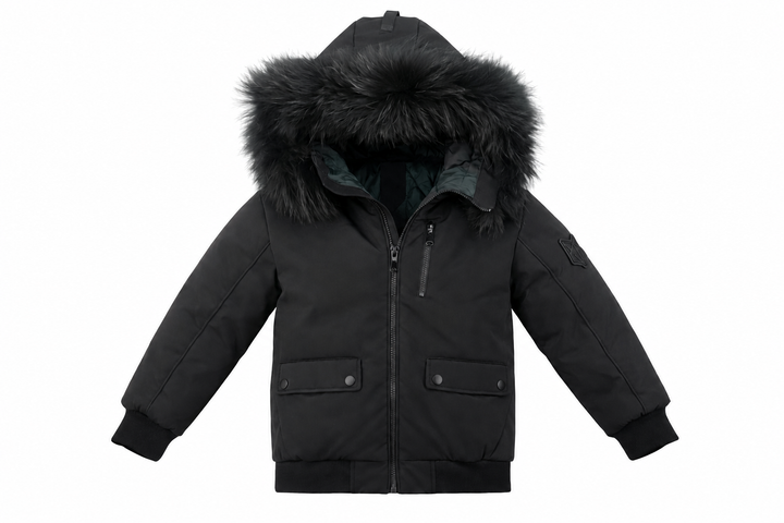 coat matte canvas zipper detail with fur hood - black