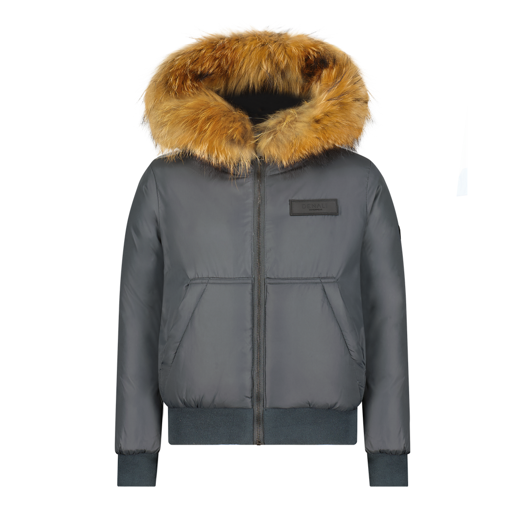 coat matte down with fur trim hood - black