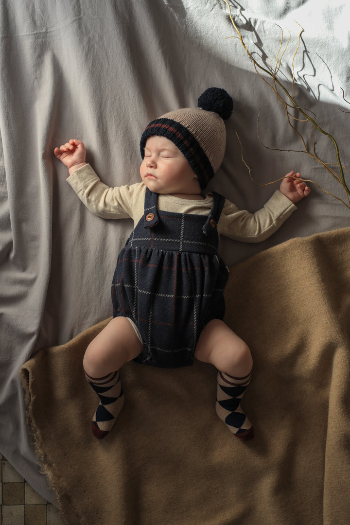 one piece checkered suspender romper - dark blue