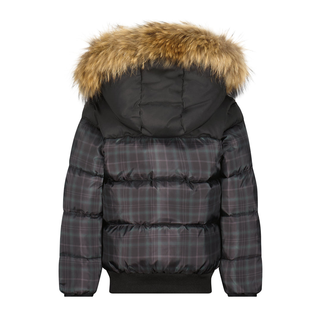 coat plaid puffer with fur hood - plaid