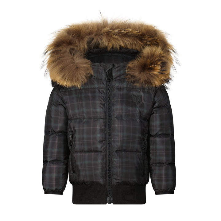 coat plaid puffer with fur hood - plaid