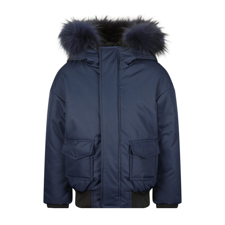 coat canvas bomber style with fur hood - navy