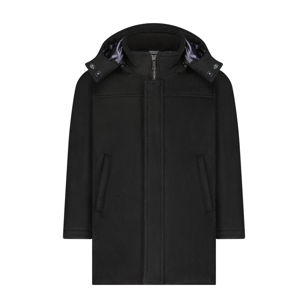coat wool zip up long with hood - black/herringbone