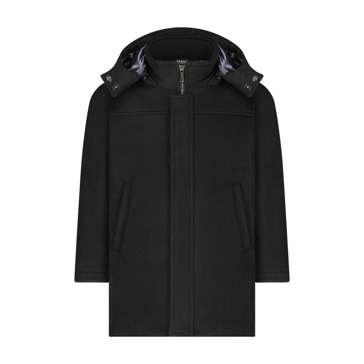 coat wool zip up long with hood - black/herringbone