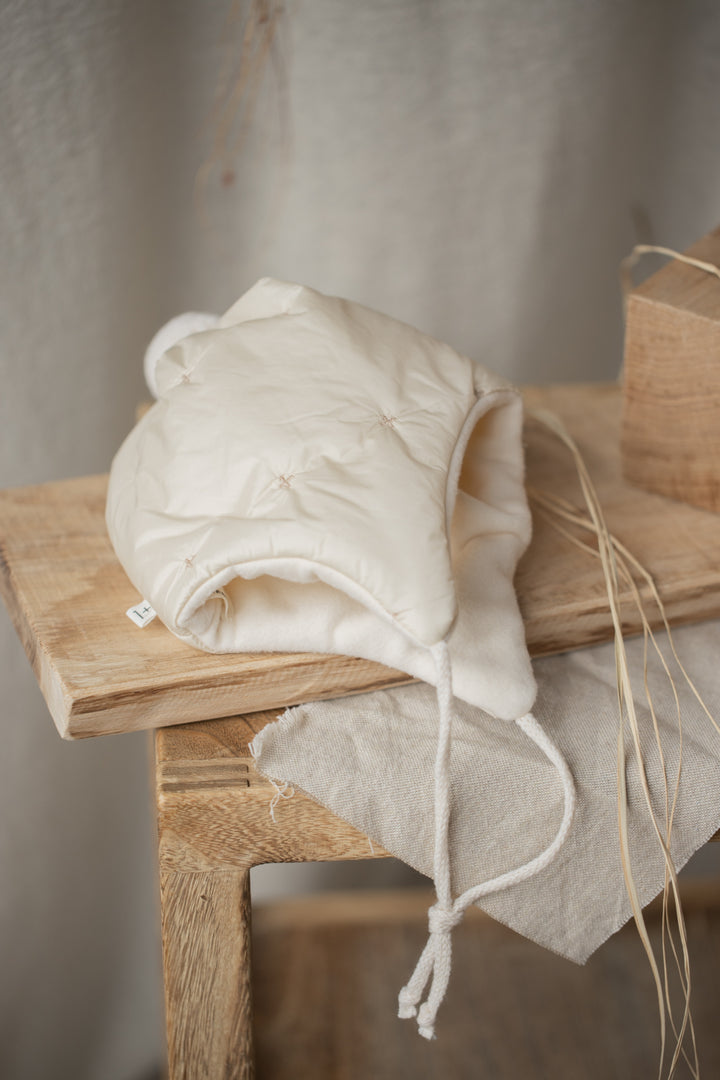 hat padded x print pompom beanie - ecru