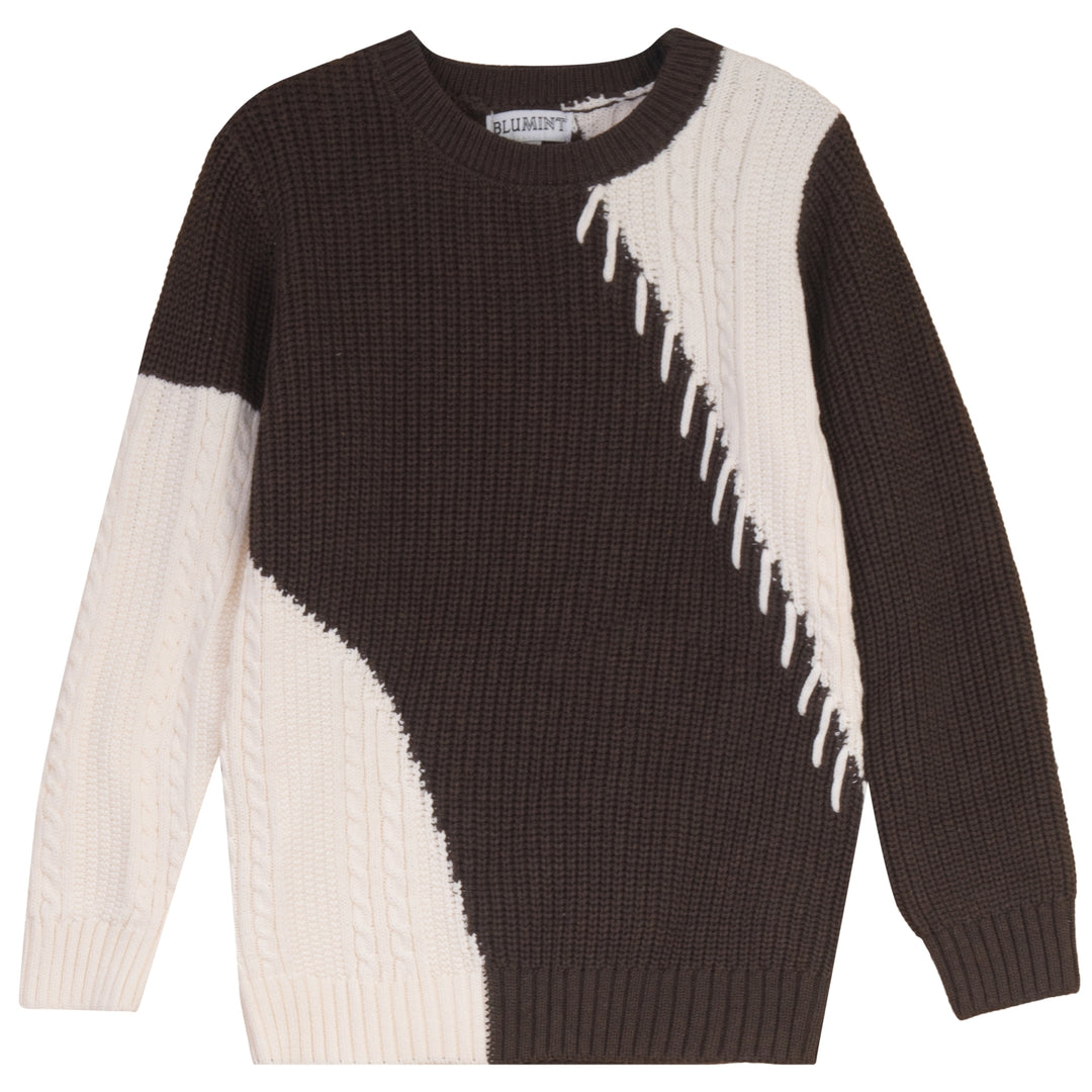 top l/s cable knit stitched sweater - brown