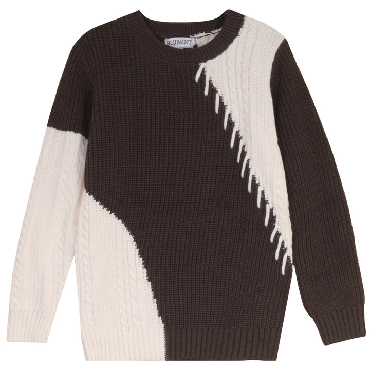 top l/s cable knit stitched sweater - brown