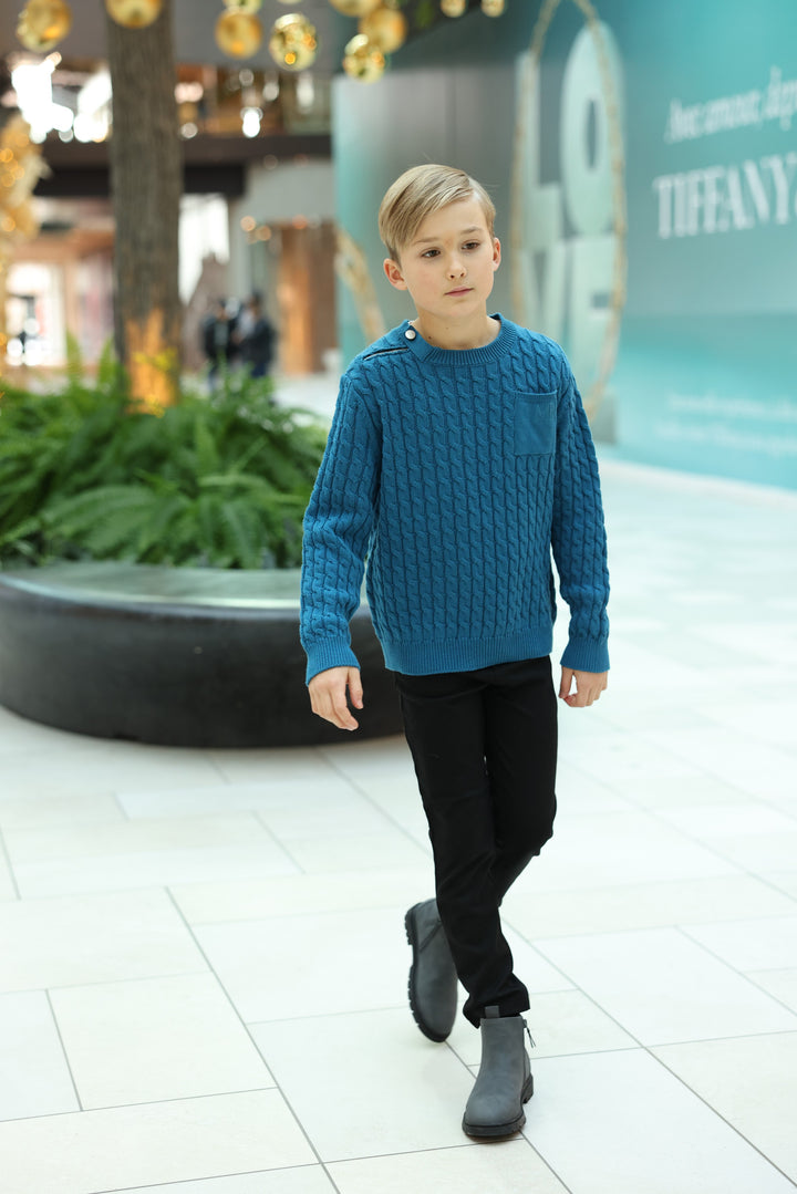 top l/s cable knit zipper sweater - mid blue