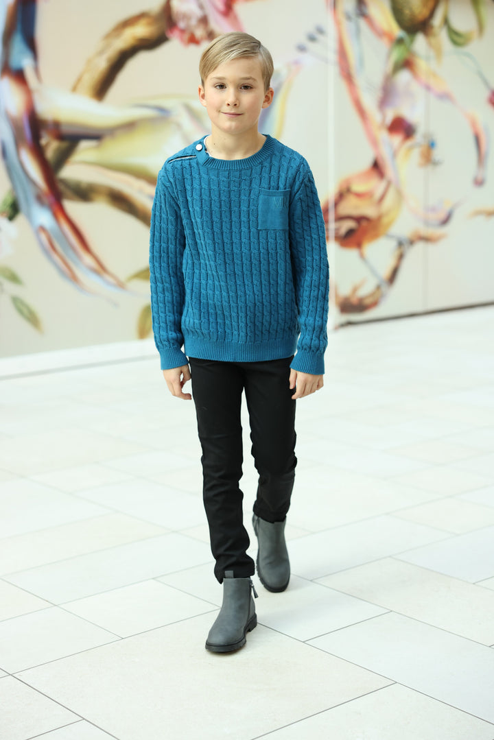 top l/s cable knit zipper sweater - mid blue