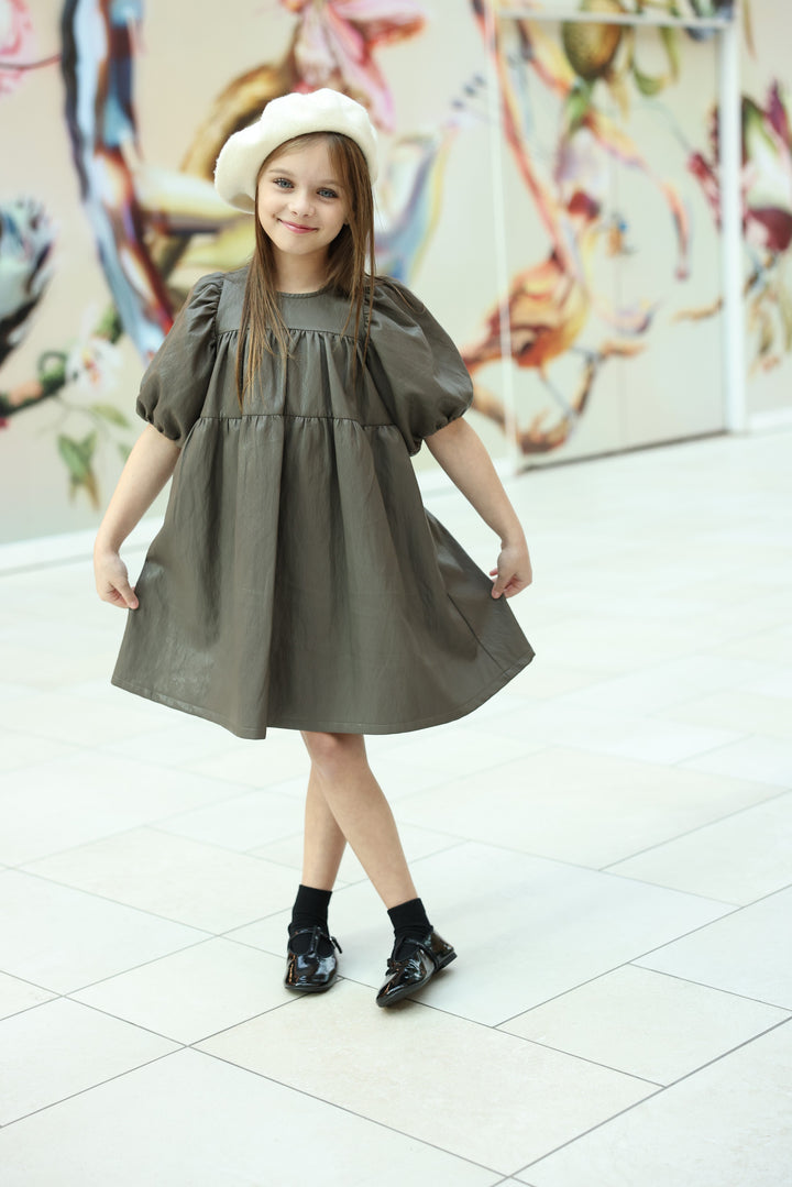 dress leather party empire style puff sleeve - brown