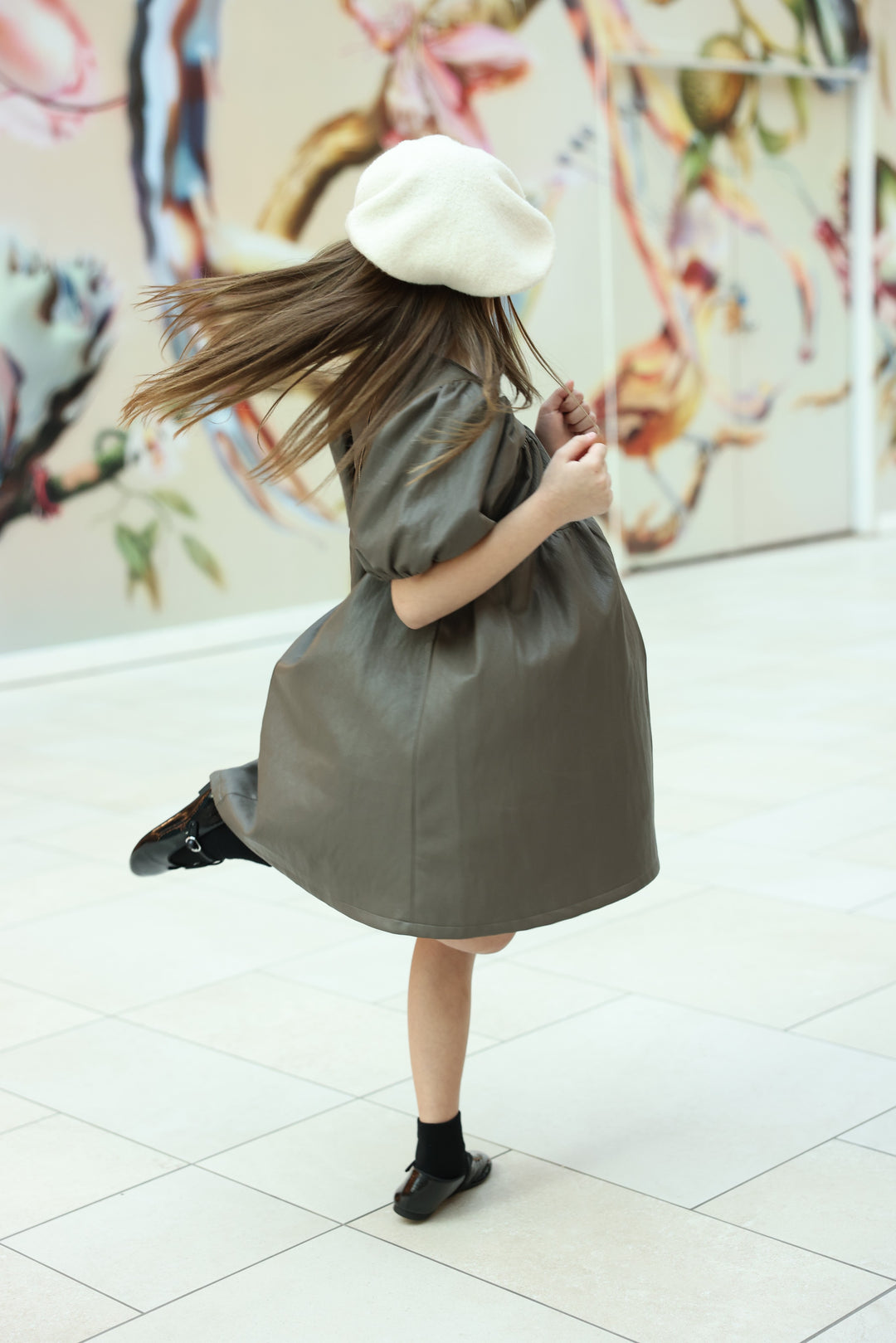 dress leather party empire style puff sleeve - brown