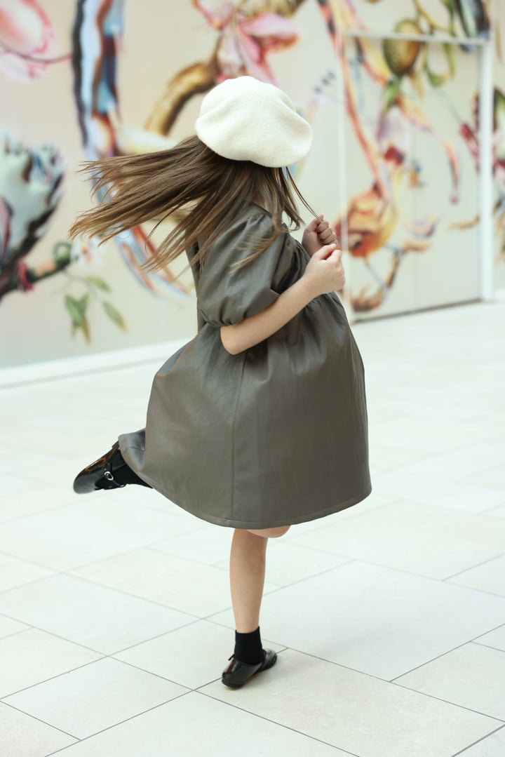 dress leather party empire style puff sleeve - brown