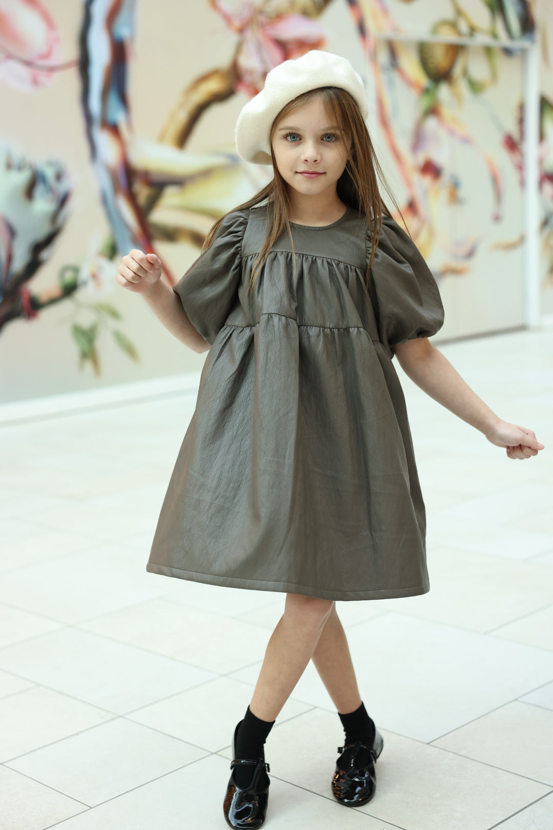 dress leather party empire style puff sleeve - brown