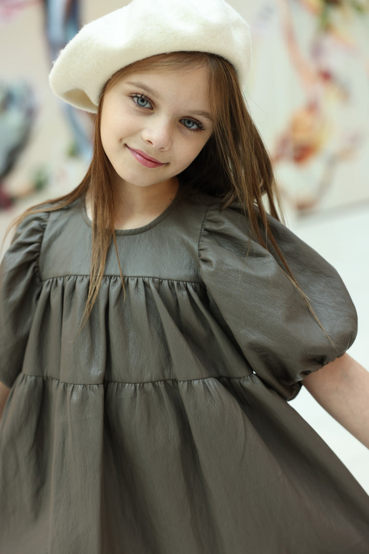 dress leather party empire style puff sleeve - brown