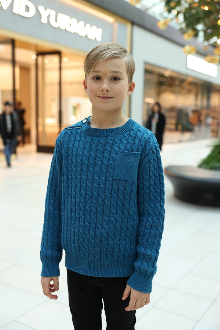top l/s cable knit zipper sweater - mid blue