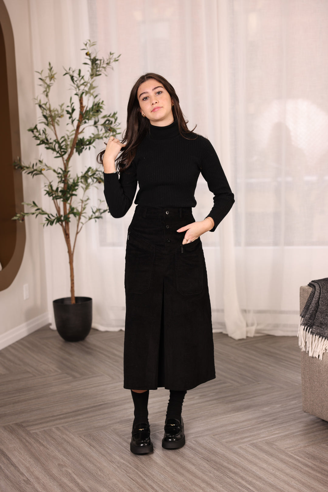 skirt corduroy pocket center pleat - black