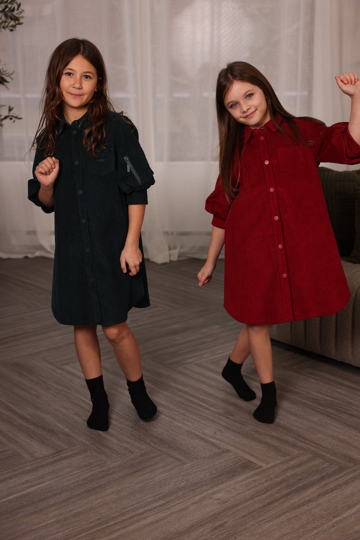 dress corduroy shirt style with puff sleeves - crimson