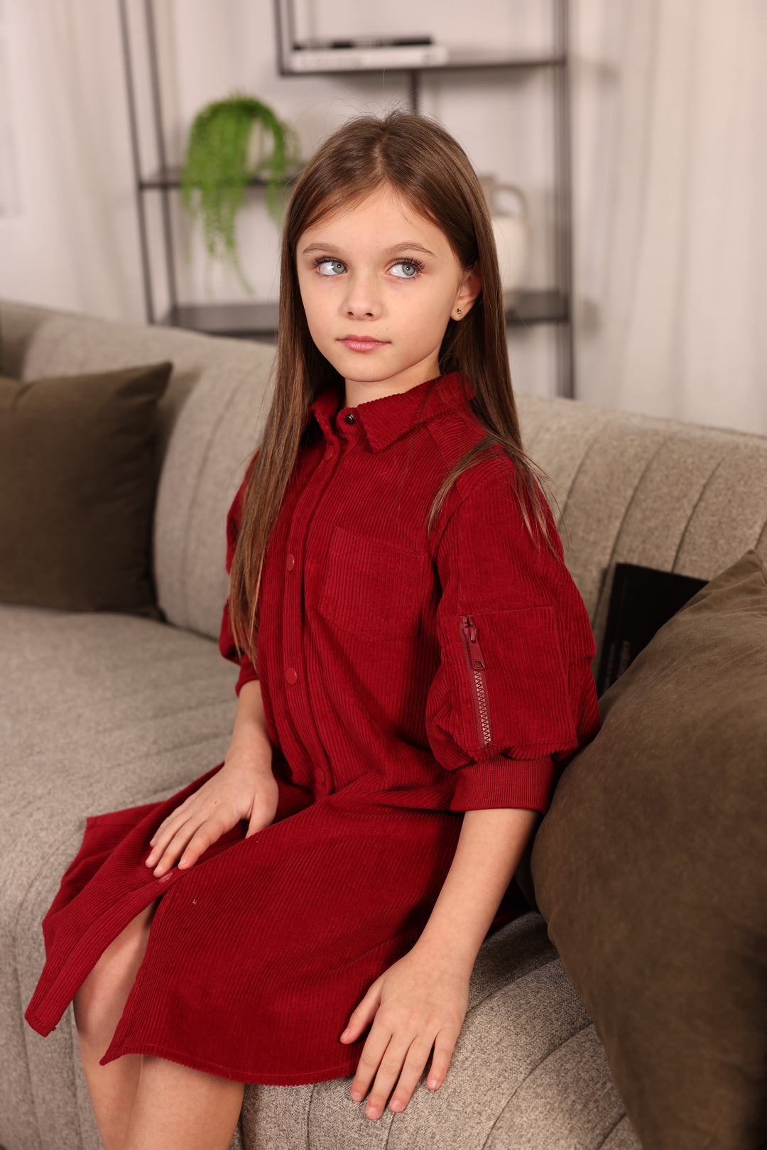 dress corduroy shirt style with puff sleeves - crimson