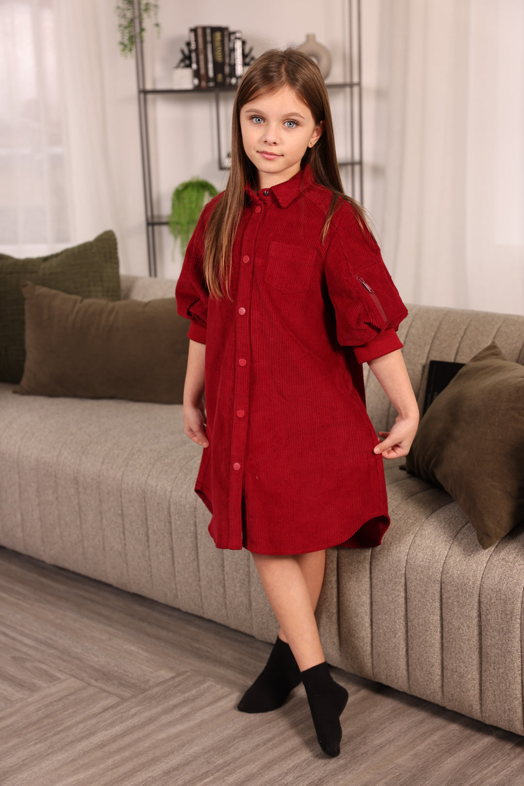 dress corduroy shirt style with puff sleeves - crimson