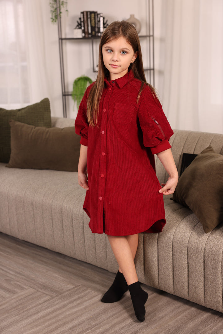 dress corduroy shirt style with puff sleeves - crimson