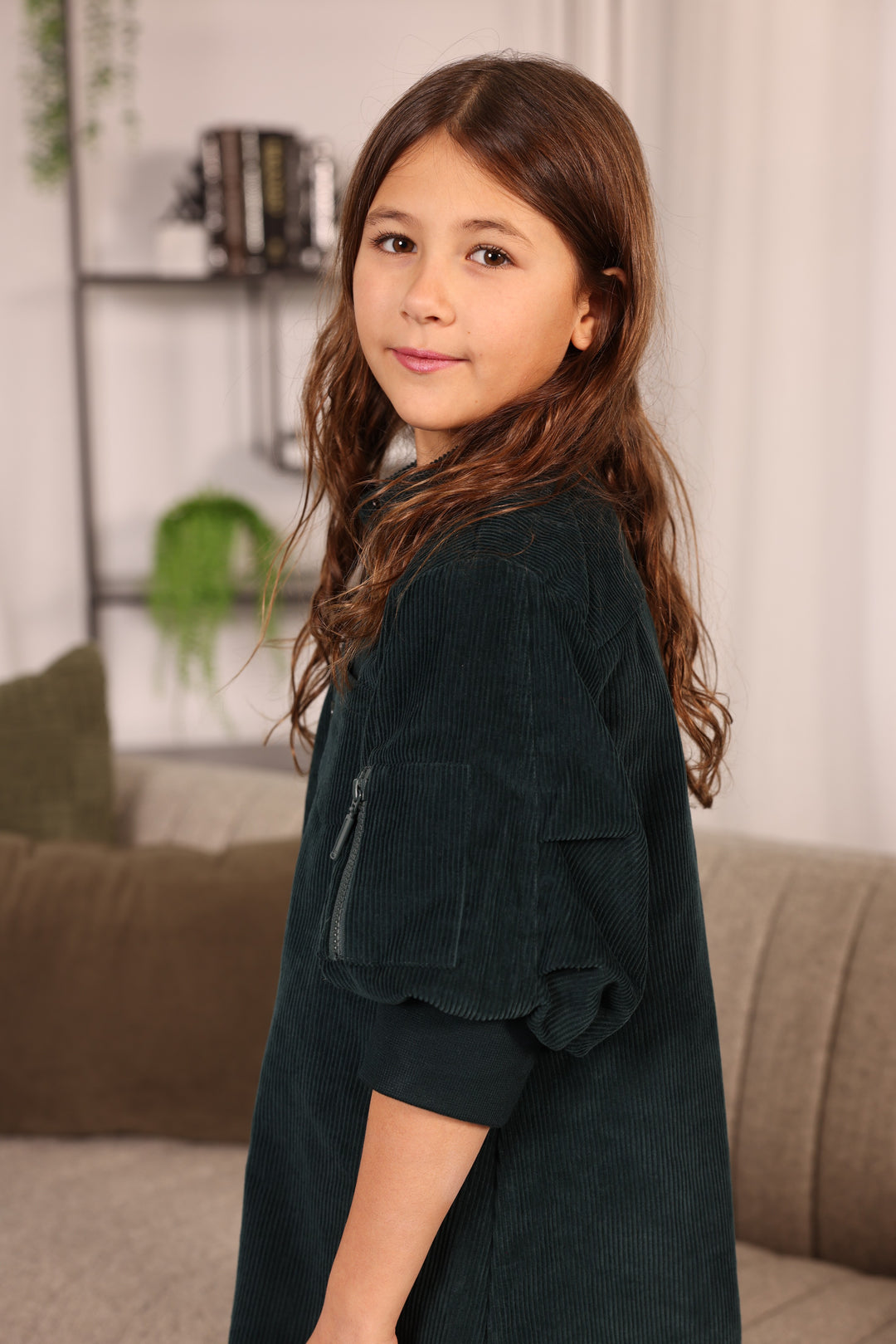 dress corduroy shirt style with puff sleeves - emerald